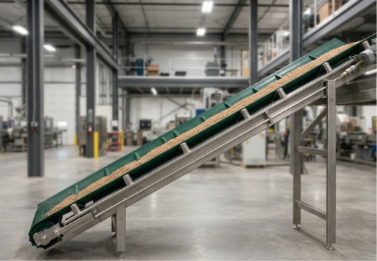 Esteira elevatória industrial inclinada fabricada pela Líder Esteiras