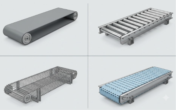 Comparativo visual entre os principais tipos de esteira transportadora industrial fabricados pela Líder Esteiras: correia, roletes, metálica e modular.